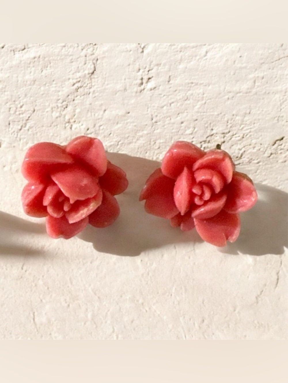 Vintage acrylic Coral Pink Rose Stud Earrings